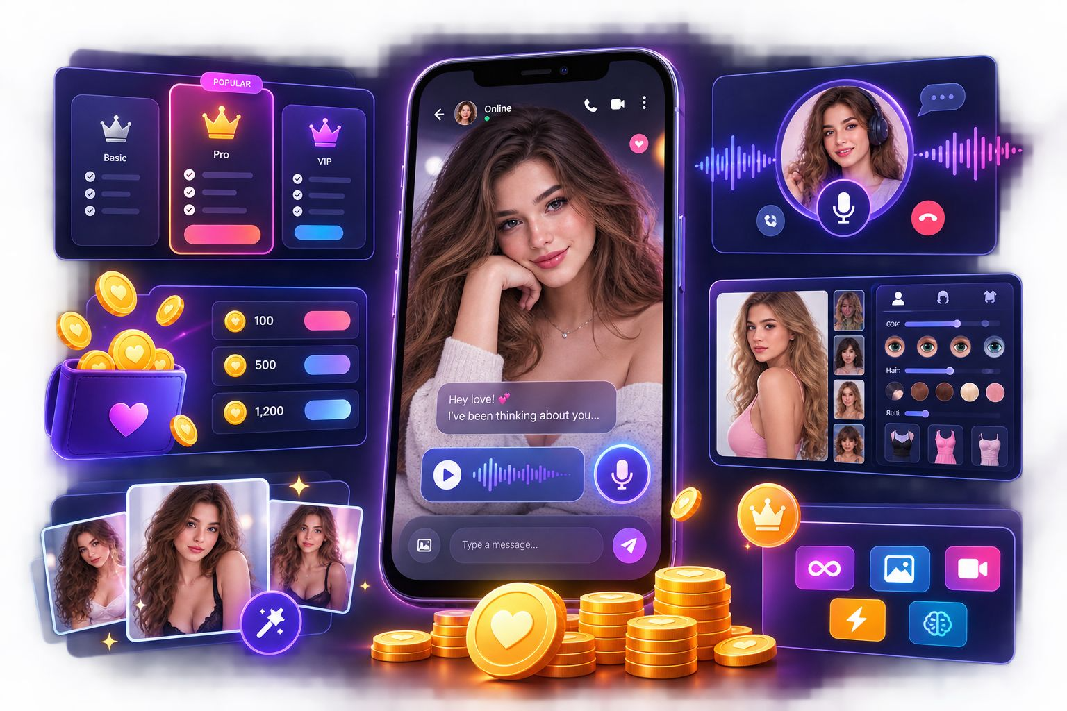DreamGF clone monetization features including subscriptions, token packs, AI voice, image generation, character customization, and premium AI access